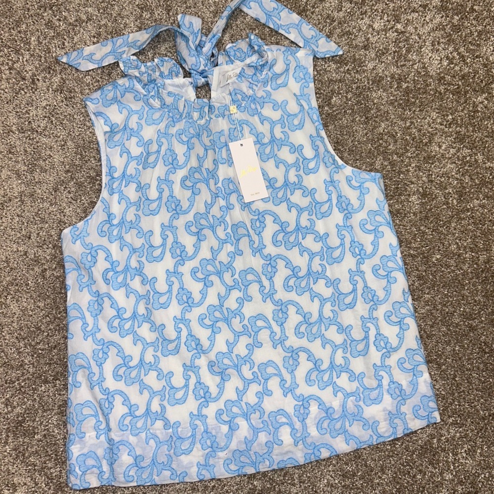 NWT Lilly Pulitzer Dahliana Top Women Large Lunar Blue Flamingle Embroidered